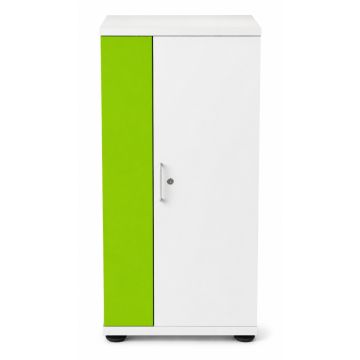 Vue de face de l'armoire de chargement pour iPad Zioxi avec une porte verte et une serrure à clé.