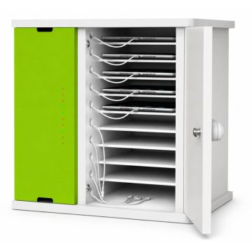Ouvrez l'armoire de chargement pour iPad Zioxi onView2 avec compartiments visibles pour iPad et gestion des câbles.