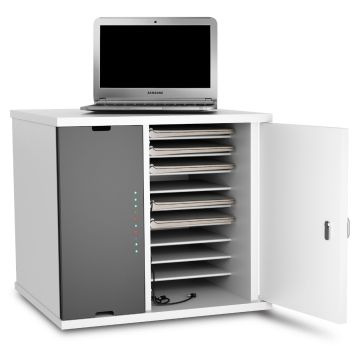 Armoire de chargement USB-C Zioxi Chromebook ouverte avec compartiments visibles pour 10 Chromebooks et un verrou à code numérique.