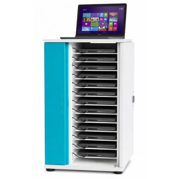 Armoire de chargement USB-C ouverte pour ordinateur portable Zioxi avec compartiments visibles pour 16 ordinateurs portables et un ordinateur portable sur le dessus.