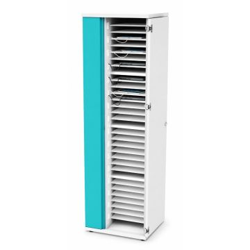 Vue latérale de l'armoire de chargement pour ordinateur portable Zioxi avec compartiments ouverts pour 32 ordinateurs portables et serrure RFID.