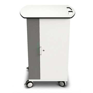 Vue de face du chariot de chargement USB-C pour Chromebook Zioxi onView2 avec verrouillage à clé et indicateurs de charge.