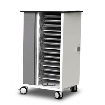 Ouvrez le chariot de chargement Zioxi onView2 Chromebook avec compartiments de chargement visibles et gestion des câbles.