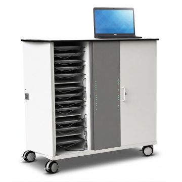 Vue latérale du chariot de chargement USB-C pour Chromebook Zioxi avec compartiments ouverts pour 32 Chromebooks et un ordinateur portable sur le dessus.