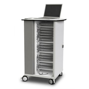 Vue latérale du chariot de chargement Zioxi Chromebook avec compartiments ouverts pour 20 Chromebooks et gestion des câbles visible.