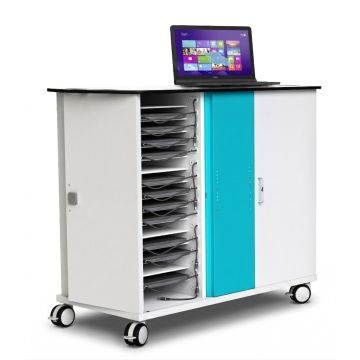 Vue latérale du chariot de chargement pour ordinateur portable Zioxi onView2 avec compartiments ouverts pour 32 ordinateurs portables et un ordinateur portable sur le dessus.