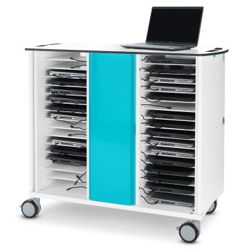 Vue latérale du chariot de chargement pour ordinateur portable Zioxi onView2 avec compartiments ouverts pour 32 ordinateurs portables et un ordinateur portable sur le dessus.