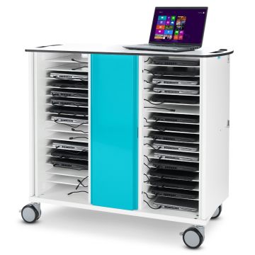 Vue latérale du chariot de chargement pour ordinateur portable Zioxi onView2 avec compartiments ouverts pour 32 ordinateurs portables et un ordinateur portable sur le dessus.