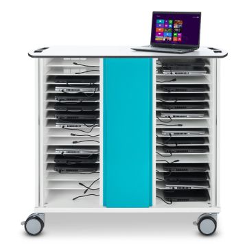 Vue latérale du chariot de chargement pour ordinateur portable Zioxi avec compartiments ouverts pour 32 ordinateurs portables et un ordinateur portable sur le dessus.
