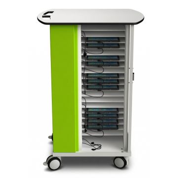 Ouvrez le chariot de chargement pour iPad Zioxi onView2 avec iPad visibles et gestion des câbles.
