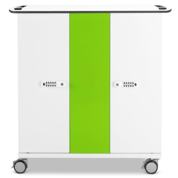 Vue avant du chariot de chargement USB-C pour iPad Zioxi avec bande centrale verte et verrouillage à code numérique.