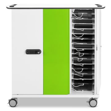 Vue de face du chariot de chargement pour iPad Zioxi avec compartiments ouverts et verrou RFID.