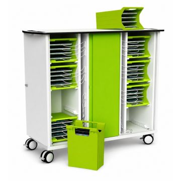 Chariot de chargement pour iPad Zioxi ouvert avec compartiments de chargement visibles et panier vert pour 32 iPad.