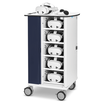 Vue latérale du chariot de chargement de casques VR Zioxi avec six casques VR dans les compartiments de chargement et une porte ouverte.