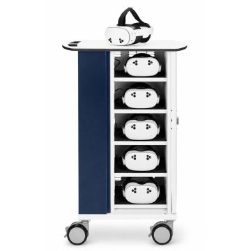 Vue latérale du chariot de chargement de casques VR Zioxi avec six casques VR dans les tiroirs et un sur le dessus, avec un verrou à code numérique visible.
