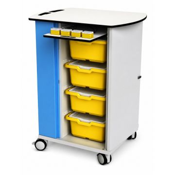 Vue latérale du chariot de chargement Zioxi LEGO USB-A avec tiroir ouvert et boîtes de rangement jaunes.