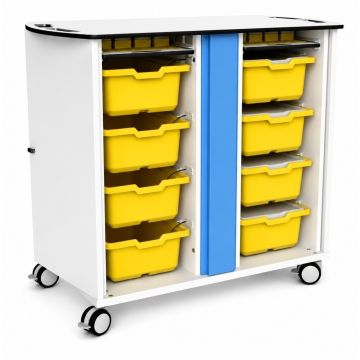 Vue latérale du chariot de chargement Zioxi LEGO USB-A avec des boîtes de rangement jaunes ouvertes et un verrou à code numérique bleu.