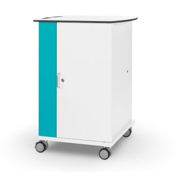Vue latérale du chariot de chargement USB-C Zioxi LEGO Science avec une porte bleue et des roues pour la mobilité.