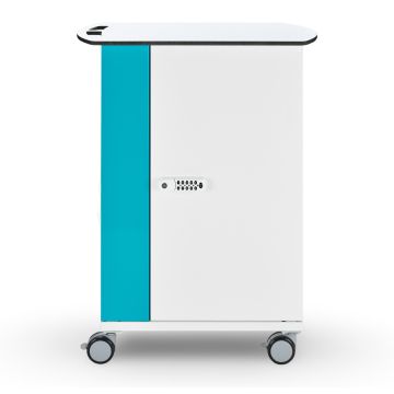 Vue latérale du chariot de chargement USB-C Zioxi LEGO Science avec verrou à code numérique et roues pour la mobilité.