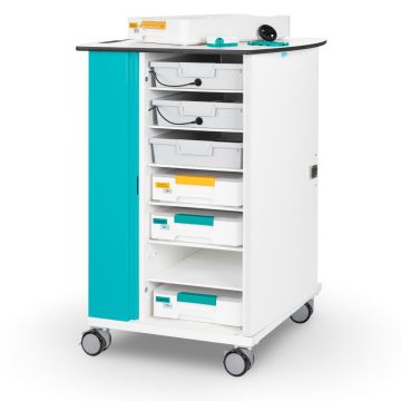 Vue latérale du chariot de chargement USB-C Zioxi LEGO Science avec une porte turquoise et des roues pour la mobilité.