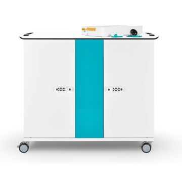 Vue de face du chariot de chargement USB-C Zioxi LEGO Science avec deux plateaux de chargement et une bande turquoise frappante.