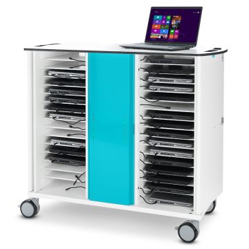 Vue latérale du chariot de chargement pour ordinateur portable Zioxi onView2 avec compartiments ouverts pour 32 ordinateurs portables et un ordinateur portable sur le dessus.