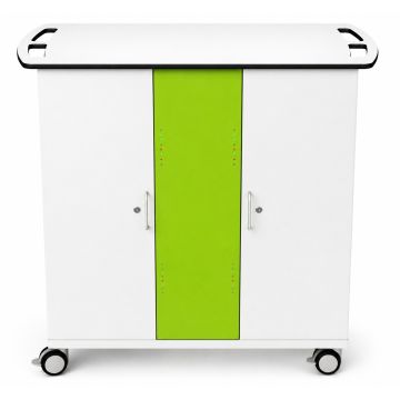 Vue de face du chariot de chargement USB-C pour iPad Zioxi avec panneau vert vif et mécanisme de verrouillage.