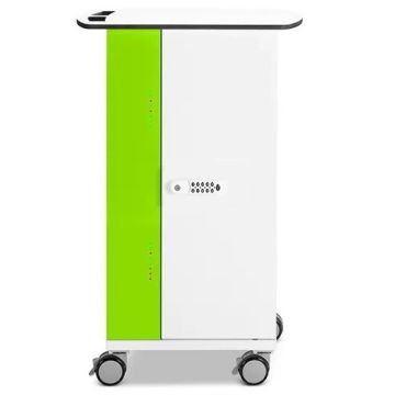 Vue latérale du chariot de chargement USB-C pour iPad Zioxi onView2 avec finition verte et blanche et verrouillage à code numérique.