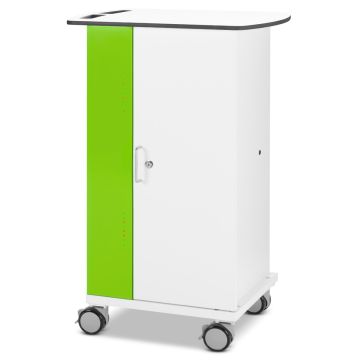 Vue latérale du chariot de chargement USB-C pour iPad Zioxi avec une porte verte frappante et des roues pour la mobilité.