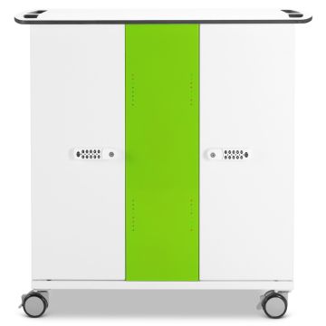 Vue avant du chariot de chargement USB-C pour iPad Zioxi avec panneau vert distinctif et verrouillage à code numérique.