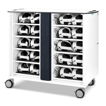 Ouvrez le chariot de chargement de casque Zioxi onView2 VR avec 40 casques VR, gestion des câbles visible et verrouillage par clé.