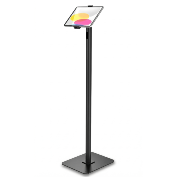 Vue latérale du support au sol Compulocks Swift Cling pour tablettes, avec une tablette montée et une base robuste.