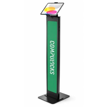 Vue latérale du support au sol Compulocks BrandMe Cling, avec une tablette attachée et un côté vert avec logo.