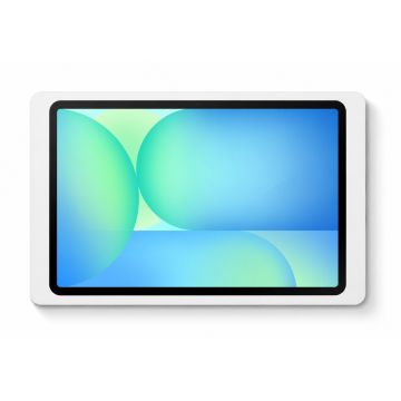 Vue de dessus du support mural Displine Companion Wall 2.0 avec Samsung Galaxy Tab S10 FE, monté sur un mur blanc.