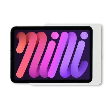 Vue de dessus du support mural Displine Companion Wall Home avec un iPad Mini 7, avec une finition blanche.