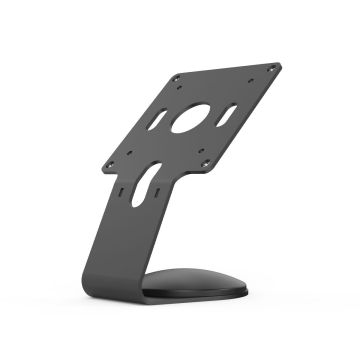 Vue latérale du support de table Compulocks Core VESA noir avec une base robuste et des trous de montage.