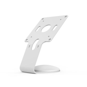 Vue latérale du support de table Compulocks Core VESA en blanc, avec des trous de montage transparents et une base robuste.