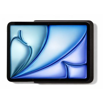 Vue latérale du support mural Displine Dame Wall Home 2.0 avec iPad Air 10,9 pouces, noir, monté au mur.