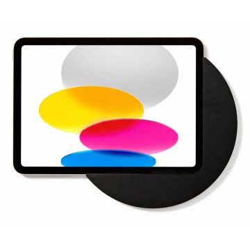 Vue détaillée du support mural Displine Sunset pour iPad avec fond coloré et base noire.