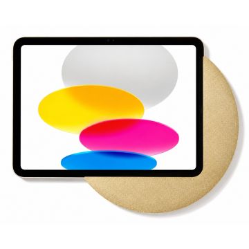 Vue détaillée du support mural doré Displine Sunset pour iPad 11 pouces avec fond coloré.