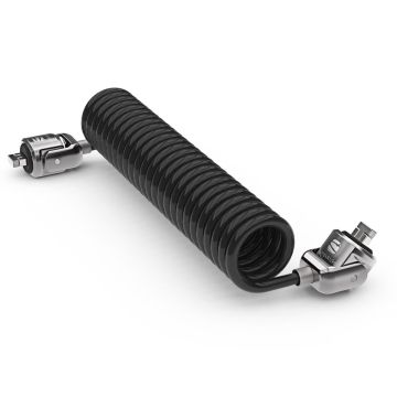 Vue latérale du câble antivol en spirale à double barre en T Compulocks avec clé, avec une visibilité claire de la forme en spirale et du mécanisme de verrouillage.