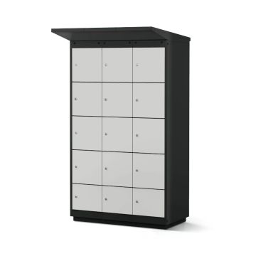 Vue de face du casier de chargement de batterie de vélo Lockeel avec 12 compartiments et serrure à clé, fermé et dégagé.