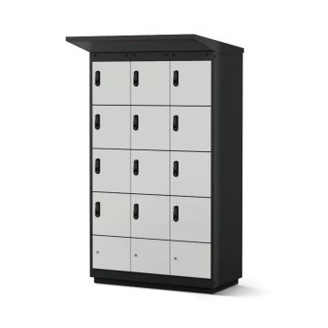 Vue latérale du casier de chargement de batterie de vélo Lockeel avec 12 compartiments et serrures à code électronique.