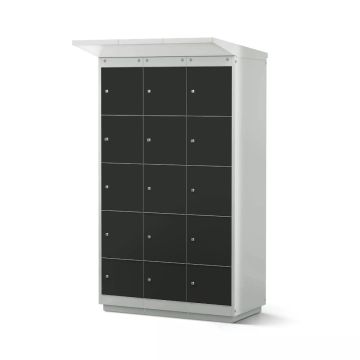 Vue de face du casier de chargement de batterie de vélo Lockeel avec 12 compartiments et serrure à monnaie, fermé et utilisé.