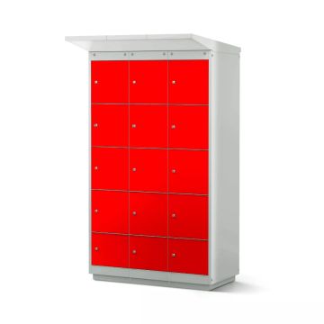 Vue de face du casier de chargement de batterie de vélo Lockeel avec 12 compartiments et serrure à clé, avec des portes rouges frappantes.