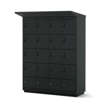 Vue latérale du casier de chargement de batterie de vélo Lockeel avec 16 compartiments et serrure électronique à code.