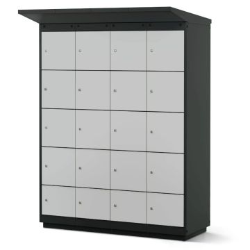 Vue latérale du casier de chargement de batterie de vélo Lockeel avec 16 compartiments et serrure à clé, entièrement fermé.