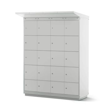 Vue latérale du casier de chargement de batterie de vélo Lockeel avec 16 compartiments et serrure à clé, fermé et en milieu neutre.