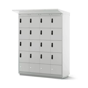 Vue latérale du casier de chargement de batterie de vélo Lockeel avec 16 compartiments et serrures à code électronique.
