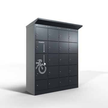 Photo studio du casier de chargement de batterie de vélo Lockeel avec 16 compartiments et serrure à monnaie, vue frontale diagonale de l'armoire fermée avec icône de chargement sur la porte.